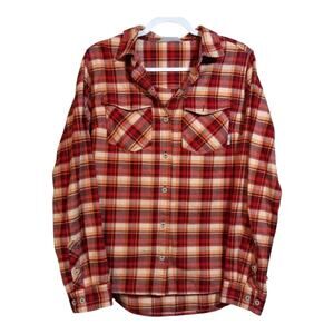 Stio Willow Flannel Shirt Red Orange Plaid Button Top Double Brushed Cotton Sz L
